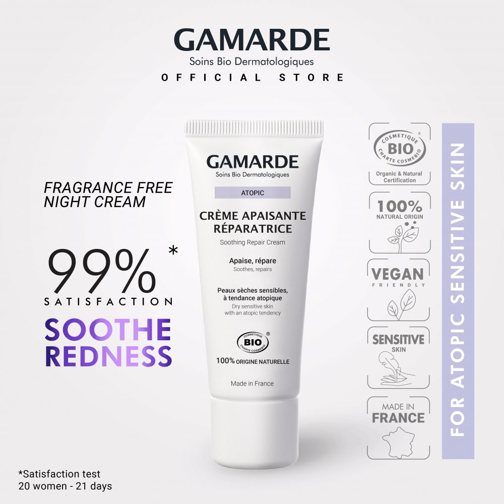 GAMARDE ATOPIC Organic Comfort Night Cream 40ml, Fragrance Free For Atopic Eczema Prone Skin ( CREME APAISANTE REPARATRICE)